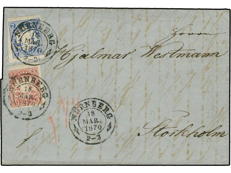 1868, Wappen 7 Kr. ultramarin, voll- bis breitrandig zusammen mit links angeschnittener 3 Kr. rosa mit sauberem DKr. "NÜRNBER