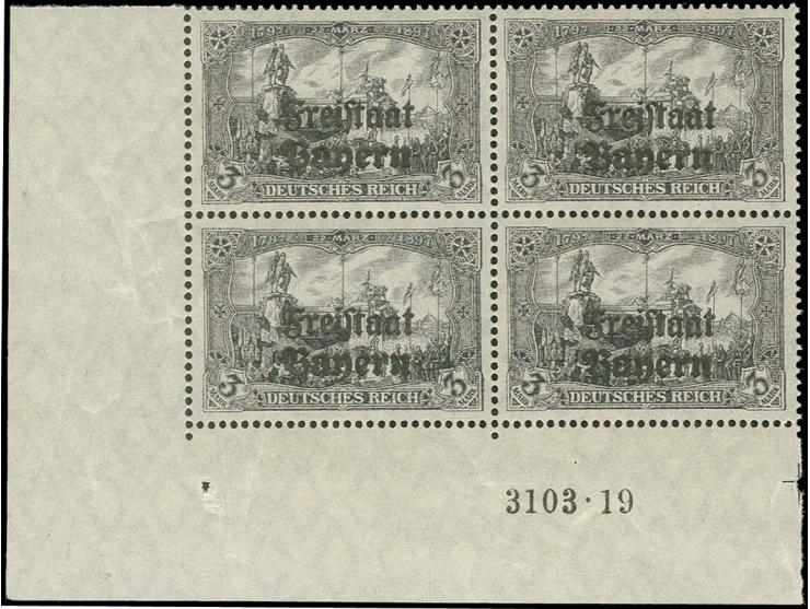 1919, Freistaat Bayern Zähnung A: 3 M. im postfrischen Viererblock aus der linken unteren Bogenecke mit HAN 3103.19", postfri