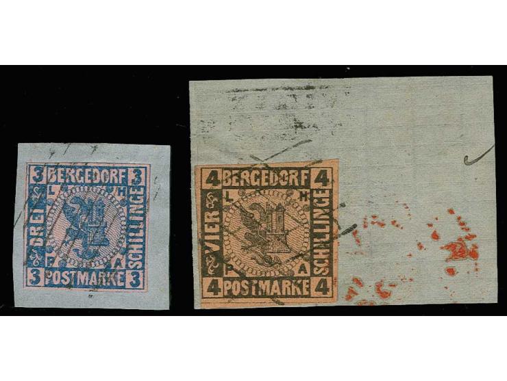 1863, Wappenausgabe 3 Sch. und 4 Sch., je mit sauberer Strichstempel-Entwertung auf Briefstück, beide Stempel deutlich abweic