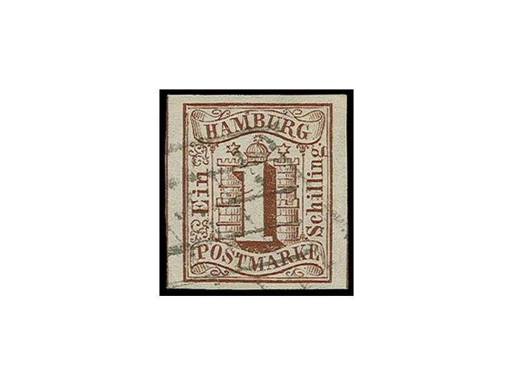 HAMBURG: 1859, 1 Sch. braun, farbfrisch und allseits breitrandig mit kreuzweise aufgesetztem Strichstempel, Kabinett, Kurzbef