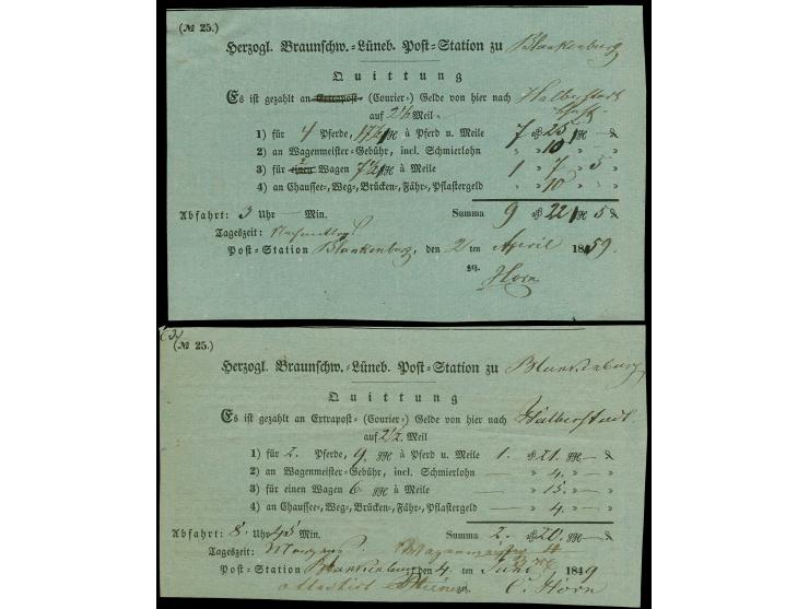 1849/59, 2 Extra-Postquittungen für Reisen mit 2 bzw. 4 Pferden nach Halberstadt