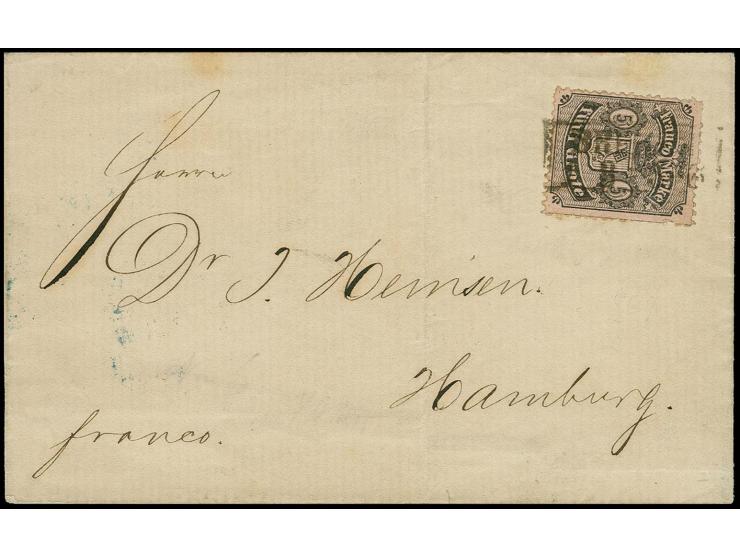 1866/67, gezähnte Ausgabe 5 Grote auf mattgraubraun, farbfrisch und bis auf einen umgelegten Zahn rechts (nach Attesterstellu