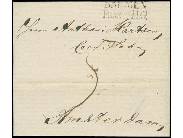 STEMPEL: "BREMEN / FRANCO H.G.", L2 sauber, aber oben nicht ganz vollständig abgeschlagen auf kpl. Faltbrief 1814 von Bremen 