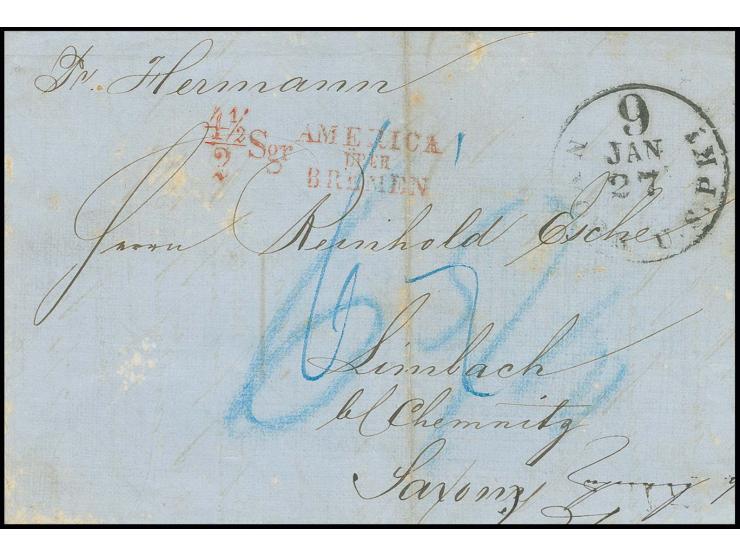 "4½ / 2 Sgr. / AMERICA ÜBER BREMEN" in rot auf Faltbrief von New York 1855 mit dem Dampfer 'Hermann' der Ocean-Line nach Limb