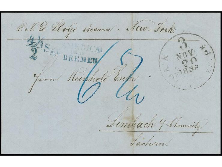 "4½/2 Sgr./ AMERICA ÜBER BREMEN", Langstempel in blau auf komplettem Brief von New York 1858 nach Limbach mit Ausgabestempel.
