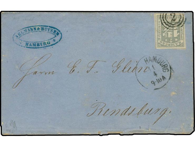 1864, 1¼ Sch. grau mit seltenem Plattenfehler "Kolbenansatz", voll- bis breitrandig mit sauberer Nr. "2" auf Briefhülle mit n