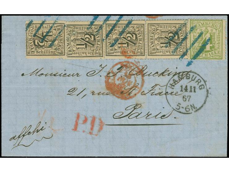 1864/67, ½ Sch. schwarz, 4 Einzelwerte zusammen mit 4 Sch. grün, mit blauem Balkenstempel auf kpl. Faltbrief mit nebengesetzt