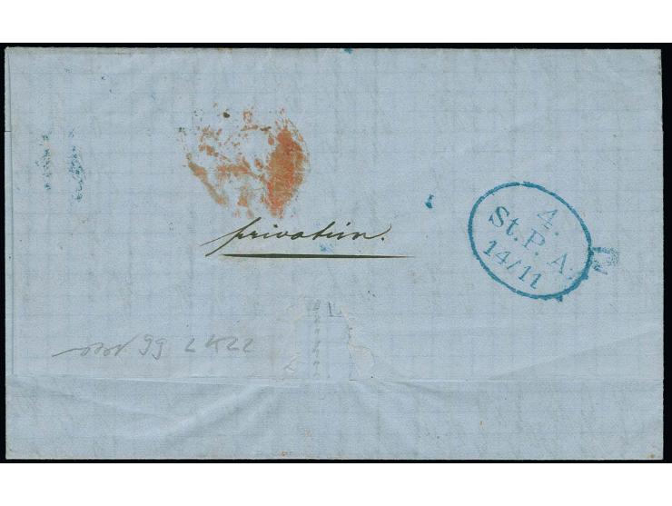 1864/67, ½ Sch. schwarz, 4 Einzelwerte zusammen mit 4 Sch. grün, mit blauem Balkenstempel auf kpl. Faltbrief mit nebengesetzt