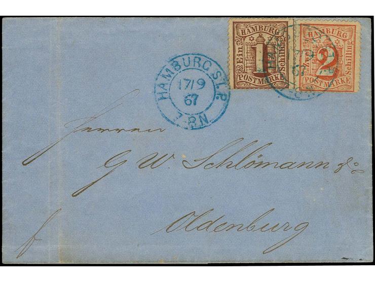 1 Sch. braun und 2 Sch. rot, farbfrisch und einwandfrei gezähnt mit blauem auf- und nebengesetztem DKr. "HAMBURG ST.P. 17/9 6
