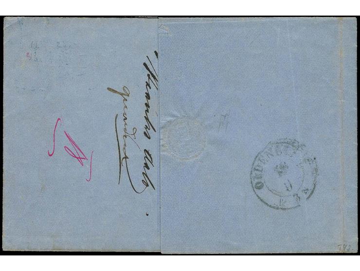 1 Sch. braun und 2 Sch. rot, farbfrisch und einwandfrei gezähnt mit blauem auf- und nebengesetztem DKr. "HAMBURG ST.P. 17/9 6