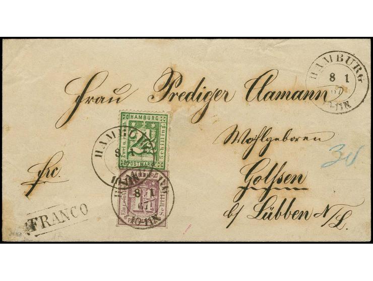 2½ Sch. dunkelgrün in Mischfrankatur mit 1866, 1¼ Sch. grauviolett, beide farbfrisch und einwandfrei, mit Fremdentwertung dur