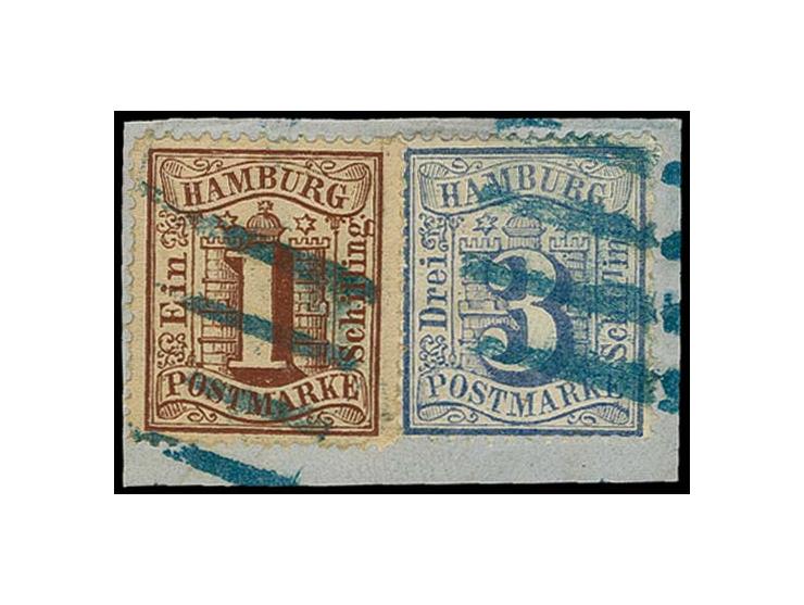 3 S. ultramarin mit Plattenfehler "zweites I in Schilling unten gebrochen" und 1 S. rotbraun je mit blauer Vierstrich-Stempel