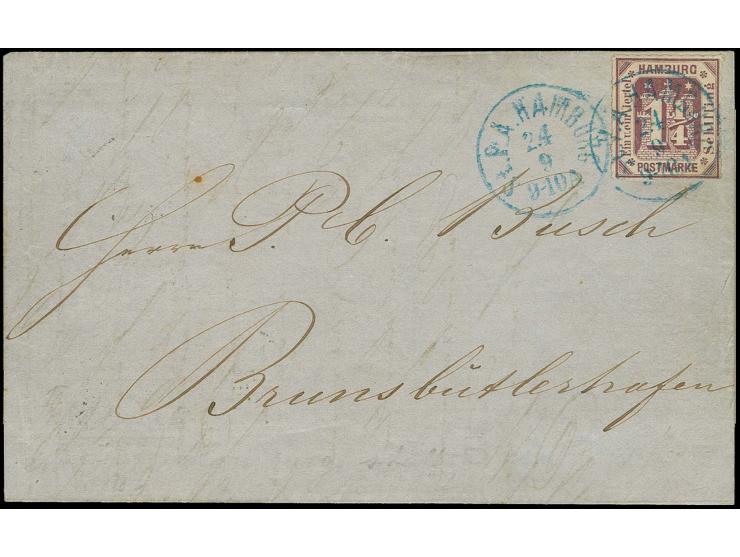 1866, Prägedruck 1¼ Sch. violett mit Plattenfehler "HAM3URG" (frühes Stadium), unten Scherenschnitt, sonst einwandfrei durchs