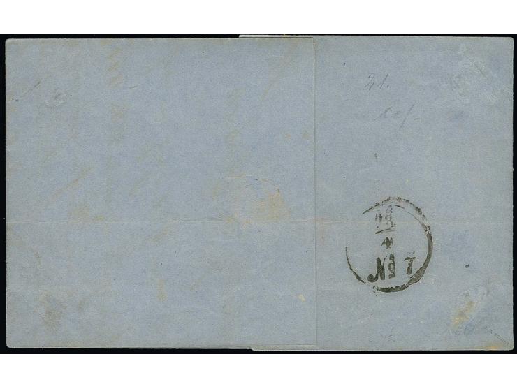 1½ Sch. karmin, farbfrisch und einwandfrei durchstochen mit blauem DKr. "HAMBURG ST. P. 28 4 67" auf kpl. Faltbrief nach Lübe