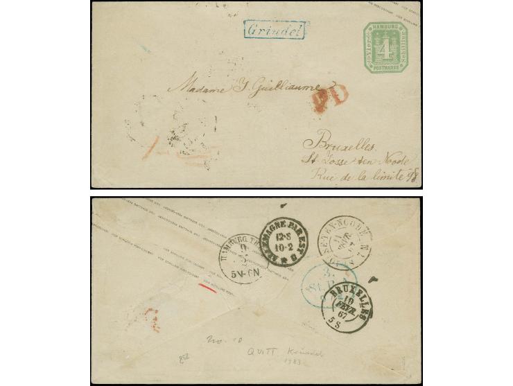 GANZSACHEN: 1867, Ganzsachenumschlag 4 Sch. grün, rückseitig einmal mit Fehldruck "VEIR SCHILLING", mit nebengesetztem blauem