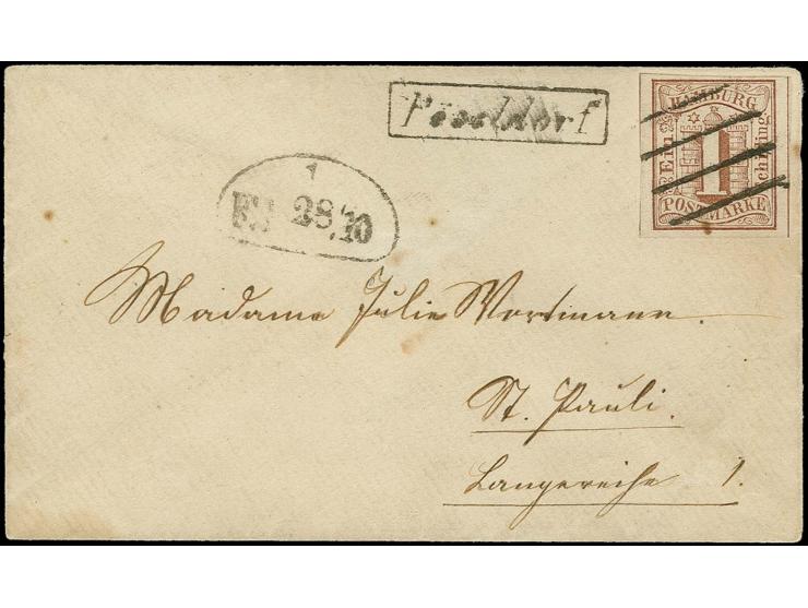 "Pöseldorf" nebengesetzt auf kleinem Briefkuvert mit 1859, 1 Sch. braun, voll- bis breitrandig mit sauberem Strichstempel und