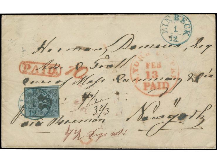 1851/55, 1/15 Th. auf blau, voll- bis breitrandig mit sauber auf- und zusätzlich nebengesetztem EKr. "EINBECK 1/12" auf Brief