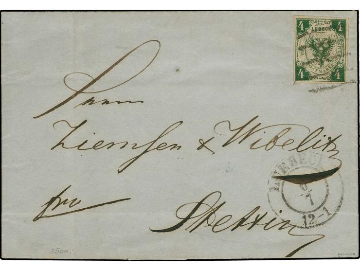 1859, 4 Sch. dunkelgrün, farbfrisch und allseits breitrandig mit sauber aufgesetztem Strichstempel und nebengesetztem DKr. "L