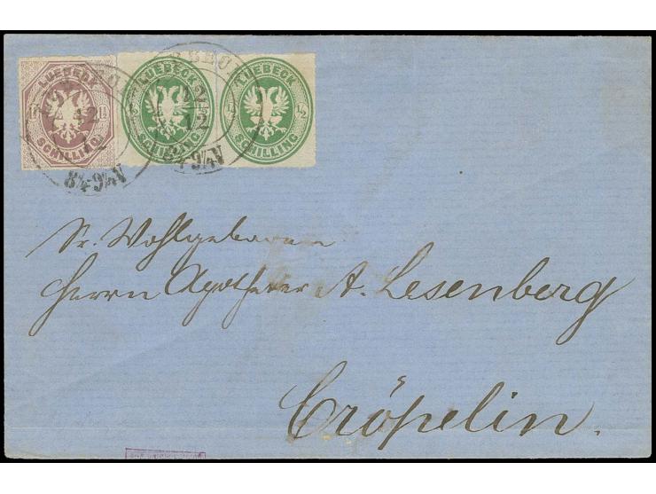 ½ Sch. grün, 2 Einzelwerte zusammen mit 1865, 1½ Sch. dunkelbraunpurpur, als Streifen geklebt mit sauberem DKr. "LUEBECK 12/1