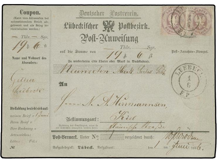 1½ Sch. dunkelbraunpurpur, 2 Einzelwerte als Paar geklebt, die rechte Marke rechts oben leicht eckrund, sonst in tadelloser E