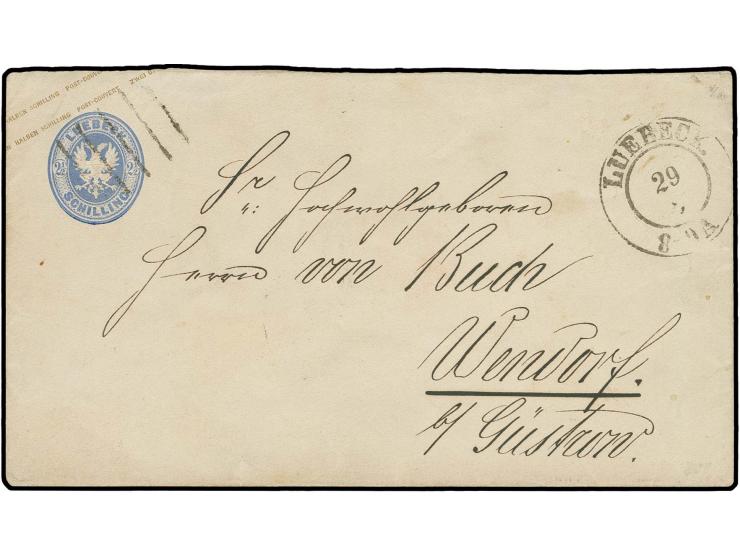 1863, Wertstempel links, Umschlag 2½ Sch. grauultramarin mit sauberem Strichstempel und nebengesetztem DKr. "LUEBECK 19 8" na