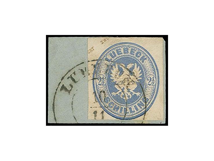 GANZSACHENAUSSCHNITTE: 1863, Ausschnitt 2½ Sch. ultramarin, unten knapp sonst allseits breitrandig viereckig geschnitten mit 