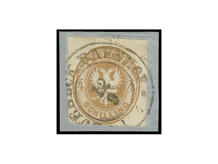 1864, Ausschnitt 4 Sch. hellbraun, viereckig geschnitten, voll- bis meist breitrandig mit zentrischem DKr. "LUEBECK BAHNHOF 1