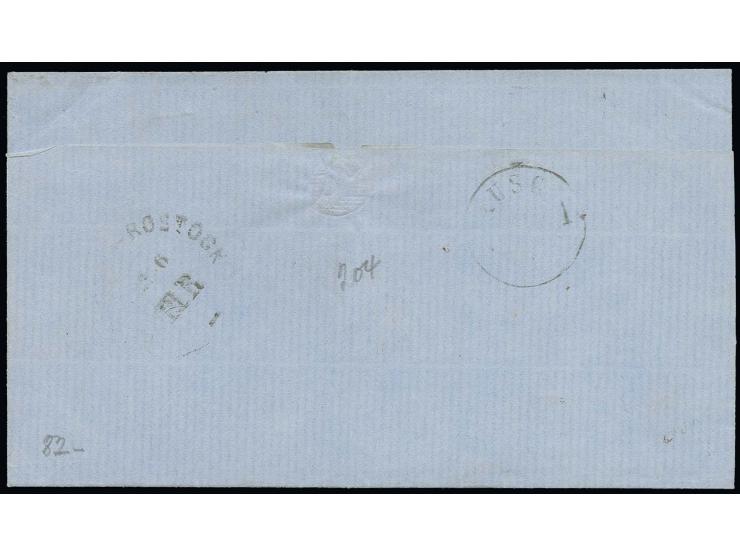 3 Sch. gelblichorange, voll- bis breitrandig mit sauber aufgesetztem Stations-L1 "ROSTOCK" auf Briefhülle 1865 nach Hamburg m