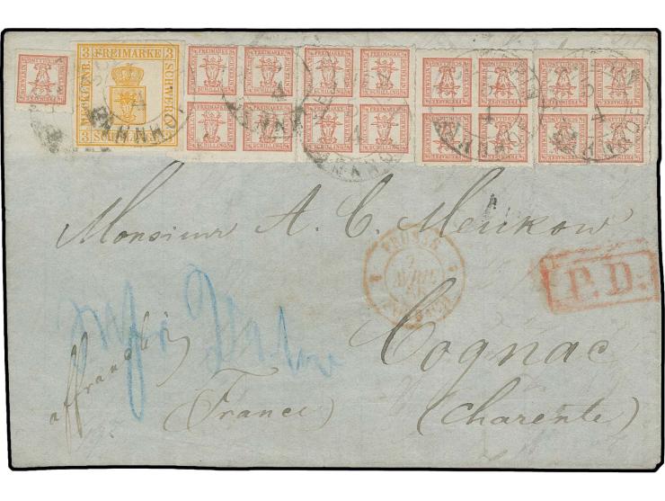 1856, 3 Sch. orange, voll- bis breitrandig zusammen mit 1864, 4 Stück 4/4 Sch. sowie 1/4 Sch., bis auf unauffälligen Durchsti