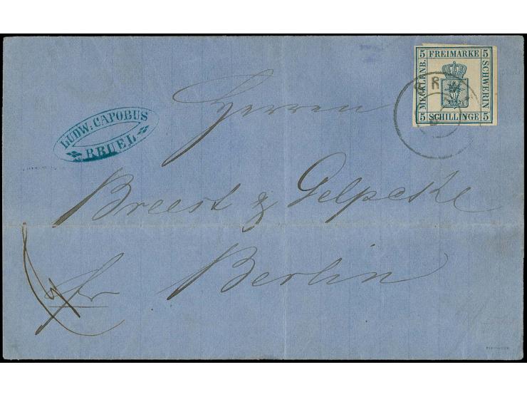 1856, 5 Sch. blau, voll- bis breitrandig mit sauber aufgesetztem DKr. "BRUEL 7 6" auf Briefhülle nach Berlin; die Hülle in de