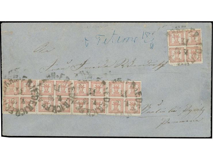 4/4 Sch. graurot, 4er-Streifen und Einzelstück mit seltener Entwertung durch den Bahnpost-Stempel "FRIEDRICH-FRANZ-BAHN 15/10