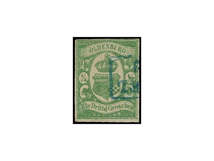 1/3 Gr. blaugrün mit Plattenfehler "Drittd", farbfrisch und allseits vollrandig mit Teilabschlag des blauen Ra2 von Varel, ei