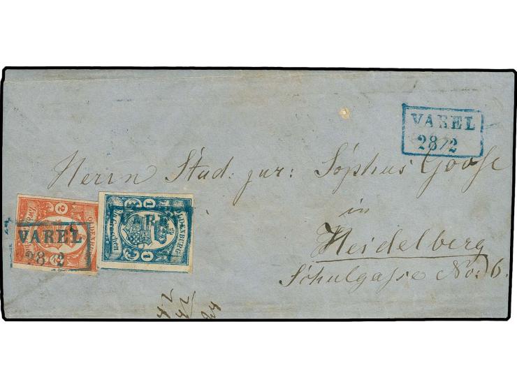 1 Gr. blau, voll- bis überrandig zusammen mit 2 Gr. rot, oben leicht berührt (fast vollständig durch 1 Gr. überdeckt), sonst 