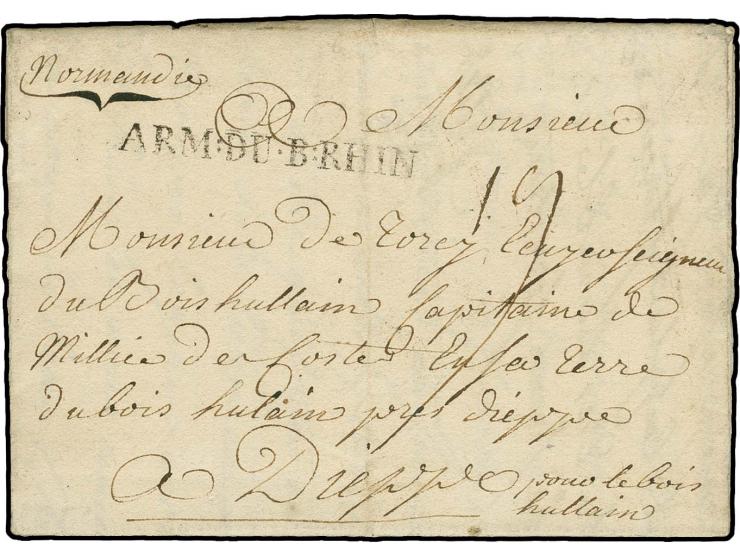 1761, "ARM:DU.B:RHIN", L1 sauber auf kpl. Brief von Coesfeld nach Dieppe, selten