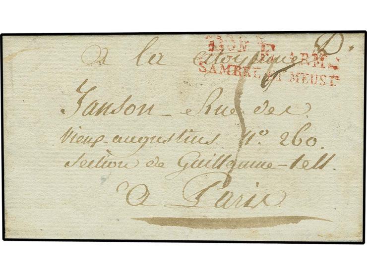 1796, "D.ON E ARM. SAMBRE AT MEUSE", L2 in rot auf kpl. Brief von Aachen nach Paris