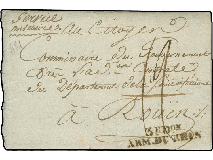 1800, "3E.DON. ARM.DU RHIN", L2 sauber auf kpl. Brief (innenseitig kreisrunder Ausschnitt) von Mainz nach Rouen mit handschri