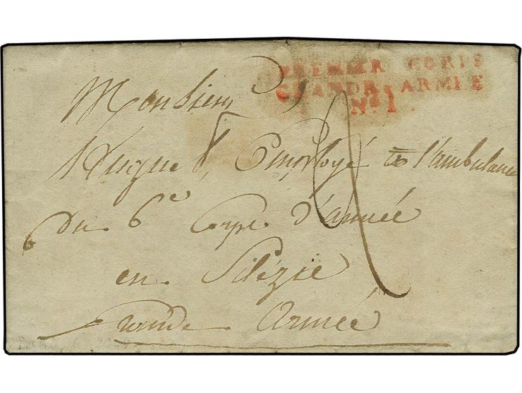 1807, "PREMIER CORPS GRANDE ARMEE No. 1", L3 in rot recht sauber auf kpl. Faltbrief nach Schlesien, selten