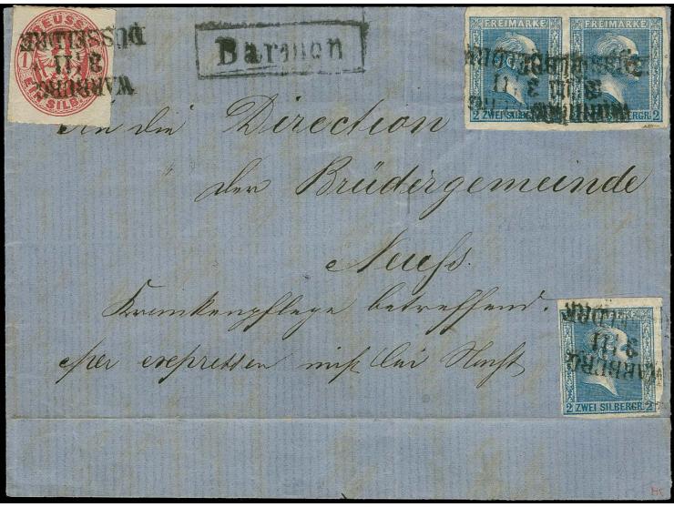 1858, Gittergrund 2 Sgr. blau, waagerechtes Paar und Einzelstück, teils gerissen, aber voll- bis breitrandig in Mischfrankatu