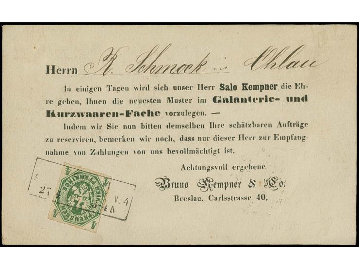 4 Pfg. grün mit Ra.3 von Breslau auf dekorativer Vertreterkarte, als Ortskarte gelaufen mit rückseitigem Ausgabestempel, Kabi