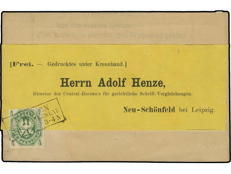 4 Pfg. grün mit Ra.3 "RAUDTEN REG. BEZ. BRESLAU" auf Henze-Streifband-Drucksache (hinterer Teil des Streifbandes fehlt); Inha