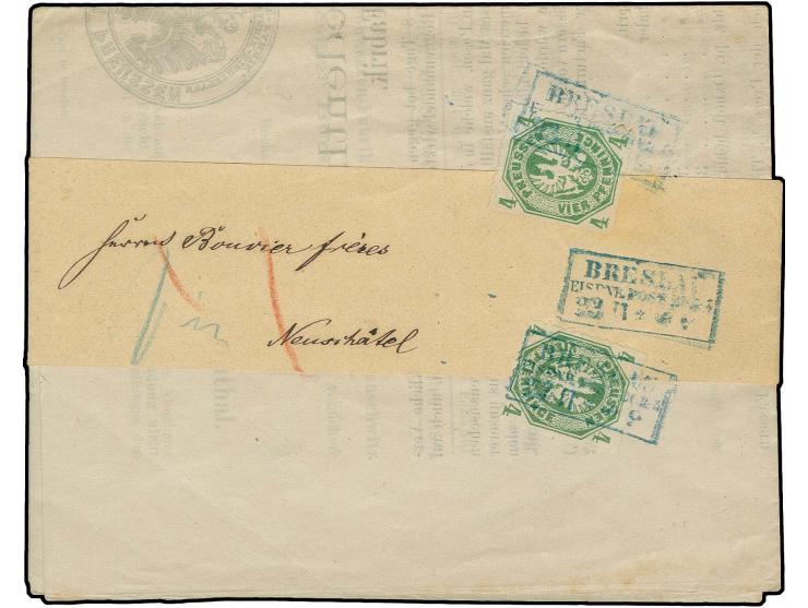 1861, 4 Pfg. grün, 2 Einzelwerte mit blauem Ra.2 "BRESLAU EISENB.POSTBUREAU 23 11" auf kpl. Streifband-Drucksache nach Neucha