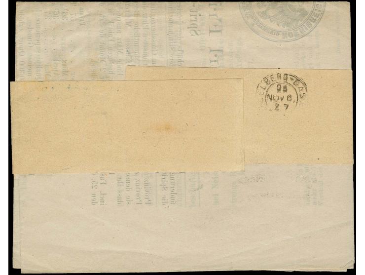 1861, 4 Pfg. grün, 2 Einzelwerte mit blauem Ra.2 "BRESLAU EISENB.POSTBUREAU 23 11" auf kpl. Streifband-Drucksache nach Neucha
