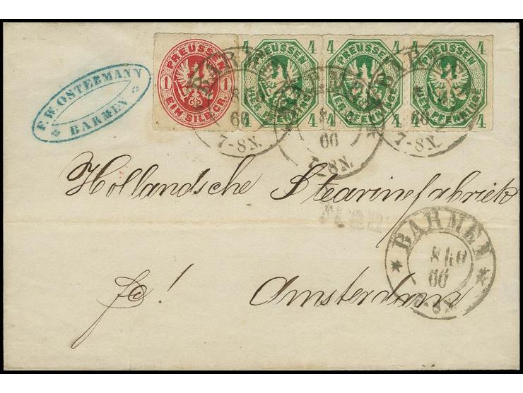 4 Pfg. grün, Einzelwert und waagerechtes Paar, mit 1 Sgr. rosa, mit sauberem DKr. "BARMEN 8/10 66" auf Briefhülle nach Amster