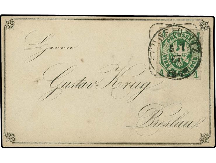 1861, 4 Pfg. dunkelgrün, farbfrisch und gut durchstochen mit zentrischem DKr. "SCHWELONITZ 5 7 67" auf kleinem Vertreterkärtc