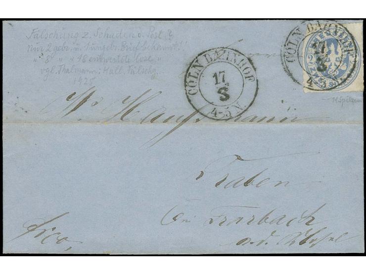2 Sgr. ultramarin, sogenannte 'Hallenser Postfälschung' mit sauber auf- und nebengesetztem DKr. "CÖLN BAHNHOF 17 3" (1866) au
