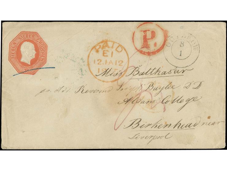 Umschlag 7 Sgr. ziegelrot, Schilling-Nr. 1, mit nebengesetztem DKr. "GÜTZKOW 8 1" (1855) über Aachen nach Birkenhead bei Live