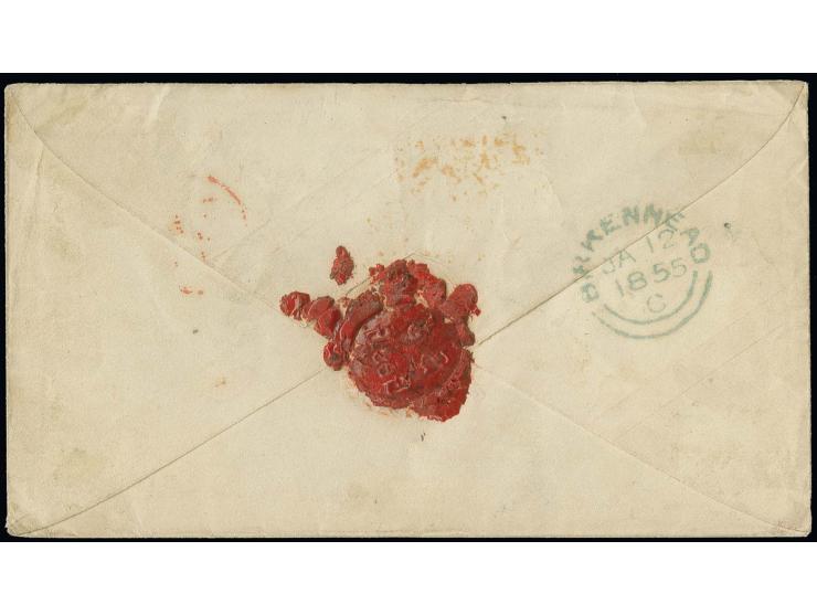 Umschlag 7 Sgr. ziegelrot, Schilling-Nr. 1, mit nebengesetztem DKr. "GÜTZKOW 8 1" (1855) über Aachen nach Birkenhead bei Live