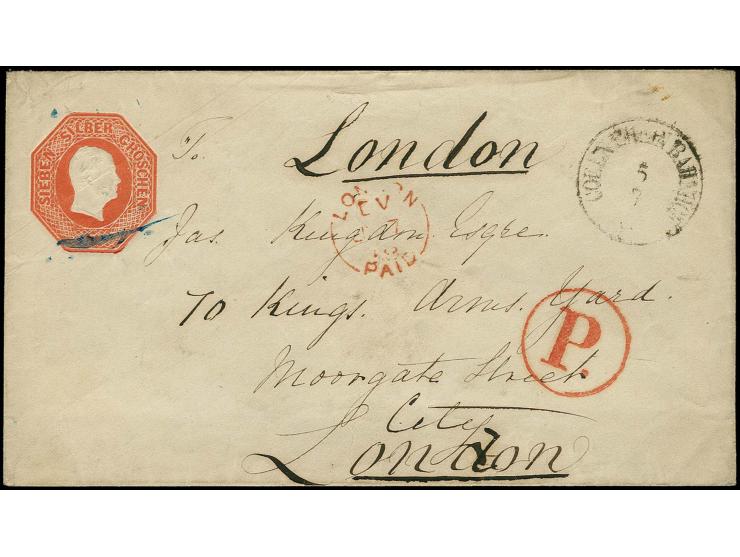 1852, Oktogon-Umschlag 7 Sgr. ziegelrot mit nebengesetztem EKr. "COELN RHEIN BAHNHOF 5 7" nach London mit vorderseitigem Anku