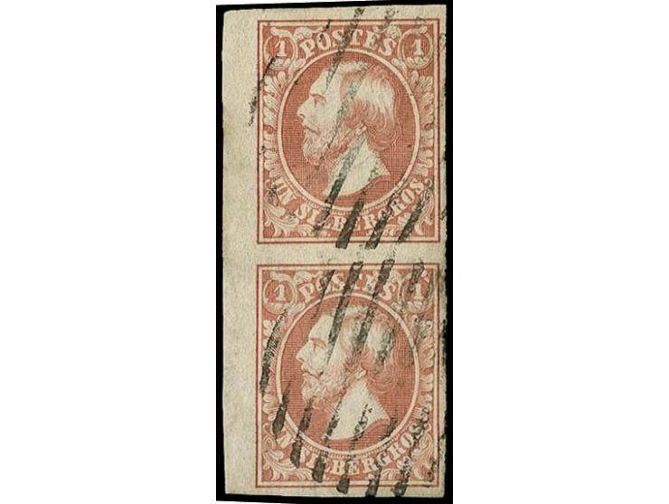 1 sgr. salmon, vertical pair with good to very large margins and sheet margin at left, lightly cancelled by circle of 9 bars,