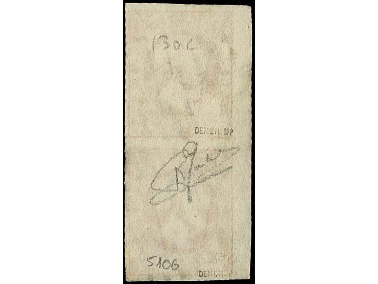 1 sgr. salmon, vertical pair with good to very large margins and sheet margin at left, lightly cancelled by circle of 9 bars,